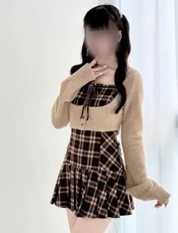 NoGenki Bunnylis 퍼 볼레로x체크 미니 원피스