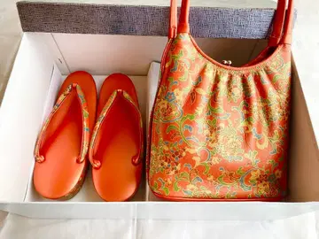 [ 새상품급 ] 일본 의류용 조리 백 세트 오렌지 꽃무늬 결혼식 방문