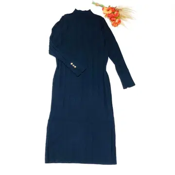 PLST 하이넥 긴팔 리브 니트 원피스 네이비 새상품급 [ S ]