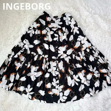 잉게보그 핑크하우스 플레어 롱 스커트 꽃무늬 올 패턴 플라워 블랙 화이트