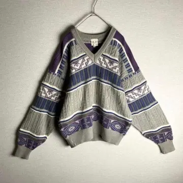 빈티지 긴팔 니트 컬러풀 컬러 레어 디자인 빅 루즈 V넥