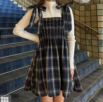 그레일 리본 체크 무늬 셔링 미니 원피스[dk1310]