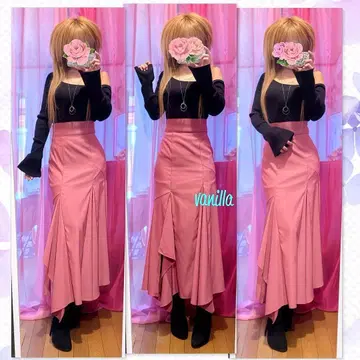 아지메 오프숄더 리브 니트 슬릿 머메이드 스커트 언니 갸루 코디 세트