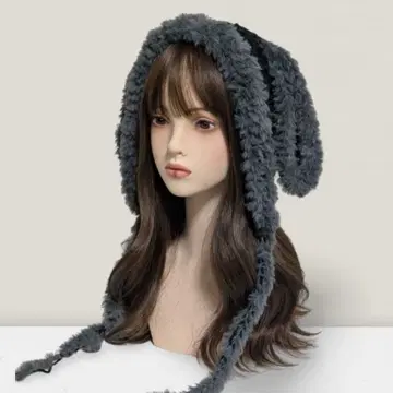 핸드메이드 토끼 귀 니트 모자 고양이 귀 보닛 블랙 퍼