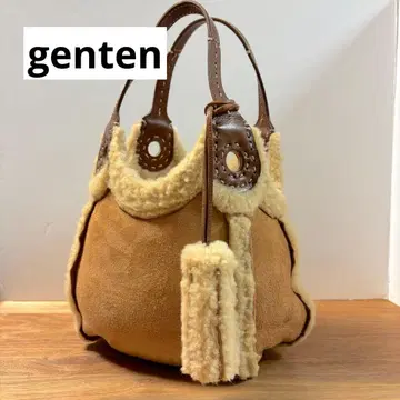 새상품급 겐텐 무스탕 백 천연 가죽 손잡이 브라운