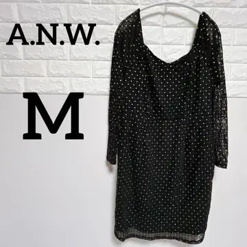 [ A.N.W. ] M 블랙 긴팔 원피스 도트 무늬 무릎 기장 시어 소매