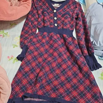 Eveln 체크 무늬 니트 원피스