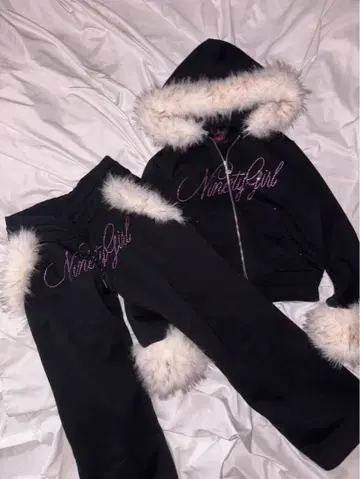 Ninety Girl Rhinestone Fur Zip Hoodie