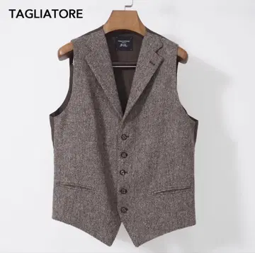 딸리아또레 브라운 헤링본 카라 부착 베스트