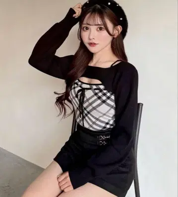 NOMAE 체크 리본 숏 레이어드 니트