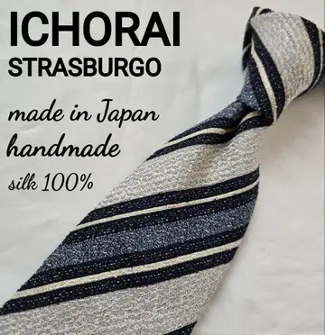 새상품급 ICHORAI 실크 넥타이 화이트 스트라이프 핸드메이드