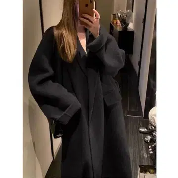 블랙 울 혼방 오버 사이즈 롱 코트