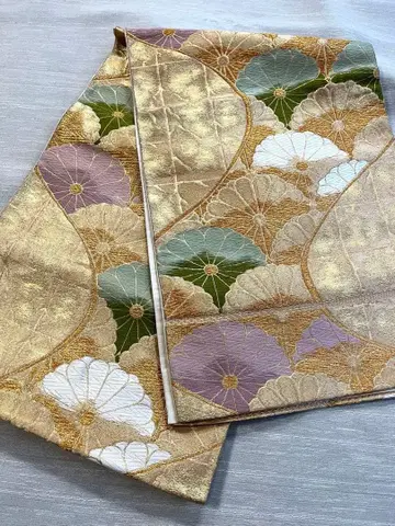 하자품 꽃무늬 금사 자수 후쿠로 오비 이중직 골드 컬러