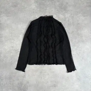 시어 탑 블랙 프릴 메로우 도트 레이어드 하이넥 비침