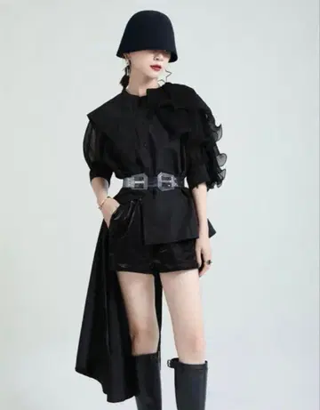 비대칭 라디칼 블라우스 긴팔 블랙 상의 7부 소매