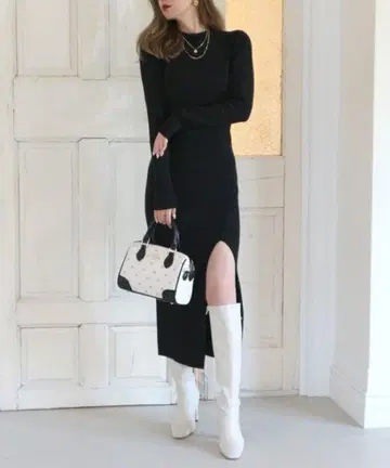 ROYAL PARTY 슬릿 리브 니트 원피스 블랙 롱 원피스