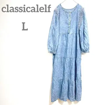 클래식 엘프 롱 원피스 L 블루 계열 프릴 긴팔 페미닌