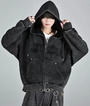 ADRER 헤비 웨이트 로고 세미 숏 빈티지 더블 지퍼 후드티