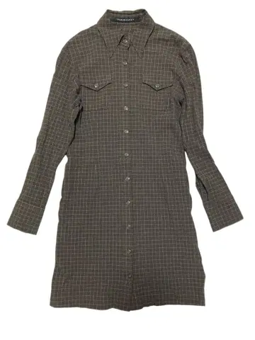 TEAM MAET 체크 무늬 셔츠 원피스 카키 체크 무늬