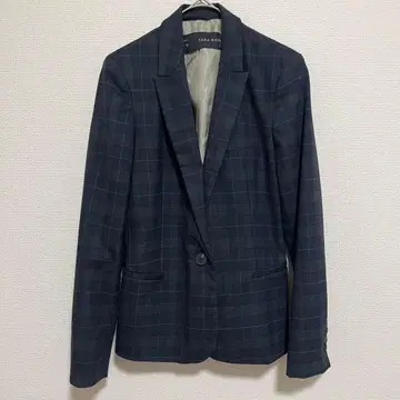 ZARA BASIC 네이비 체크 무늬 테일러드 자켓