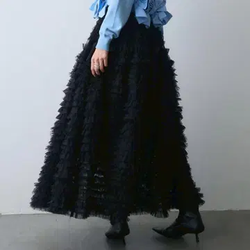 튤 티어드 롱 스커트 블랙 Frene 같은 형태 풍성한 슬림