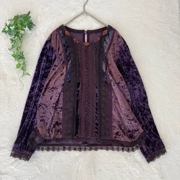 빈티지풍 벨벳 레이스 절개 로즈 긴팔 풀오버 퍼플