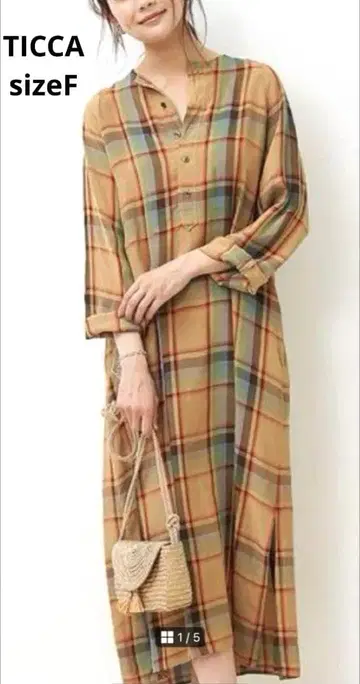 새상품급 TICCA 가을 컬러 체크 롱 셔츠 원피스 F