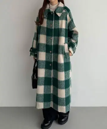 샤기 체크 롱 코트 그린