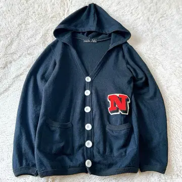 캐스퍼 존 후드 부착 가디건 칼리지 와펜 V넥 코튼 네이비