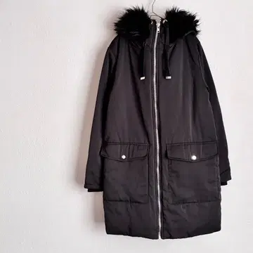 백넘버 롱 코트 M 후드 부착 인조 모피 방한 블랙