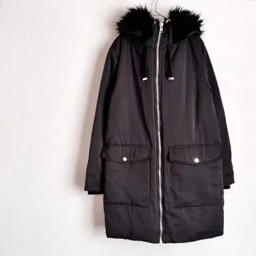 백넘버 롱 코트 M 후드 부착 인조 모피 방한 블랙