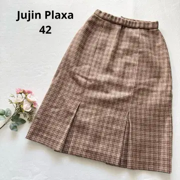 쥬진 플라자 브라운 계열 체크 무릎 기장 플리츠 스커트 울 어른스러운 L