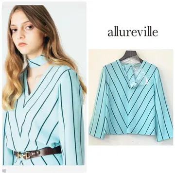 allureville 스카이블루 펜슬 스트라이프 보타이 블라우스