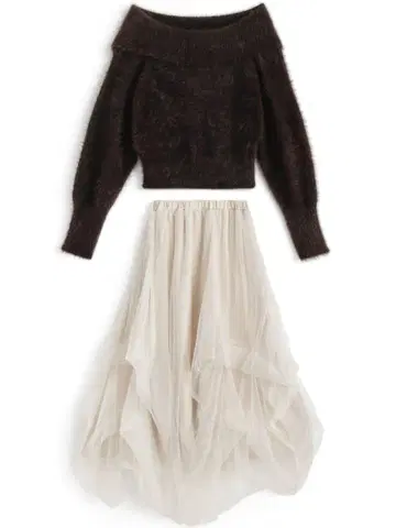 오프숄더 샤기 니트탑 x 샤샤 스커트 셋업/GRL