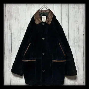 [ 천연 가죽 레더 헌팅 자켓 ] 스웨이드 옷깃 가죽 절개 L~XL 블랙