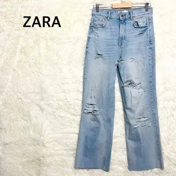 자라 스트레이트 데님 팬츠 청바지 데미지 가공 라이트 블루 M 사이즈