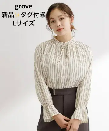 [ 새상품 ] grove 월드 프릴 칼라 블라우스 베이지 스트라이프 L