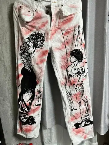 아트 프린트 화이트 데님 팬츠