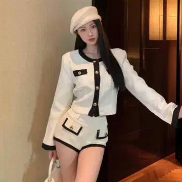 한국 패션 셋업 트위드 화이트 블랙 왕홍