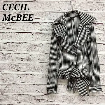 세실 맥비 깅엄 체크 프릴 자켓 코튼 혼방 블랙 x 화이트
