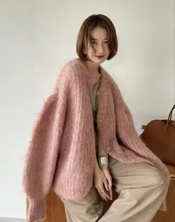 CLANE 클라네 컬러 모헤어 샤기 가디건 핑크