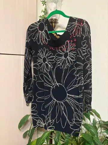 데시구알 꽃무늬 긴팔 튜닉 원피스 스팽글 장식 블랙 XL