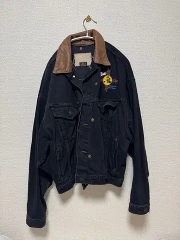 블랙 데님 자켓 가죽 카라 부착