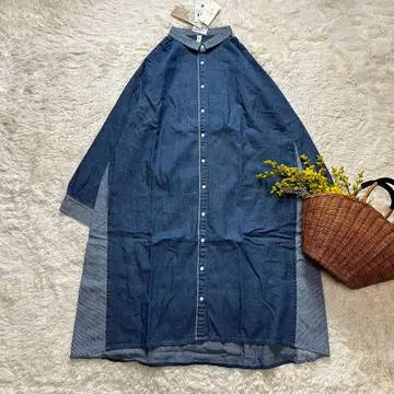 새상품 데님 원피스 겨드랑이 절개 인디고 코튼 블루 M~L