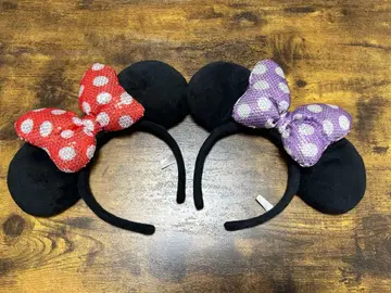 도쿄 디즈니 미니 스팽글 머리띠 핑크 퍼플 리본 2개