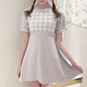 evelyn 체크 무늬 펄 목걸이 니트 원피스 반팔 양산형