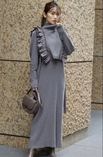 SNIDEL 프릴 베스트 레이어드 니트 원피스 그레이