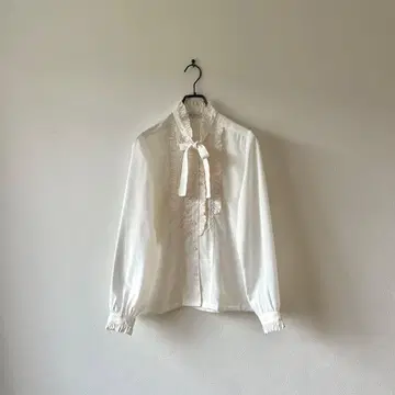 구제 의류 보타이 블라우스 프릴 스탠드 카라 포멀 레트로 화이트 걸리시