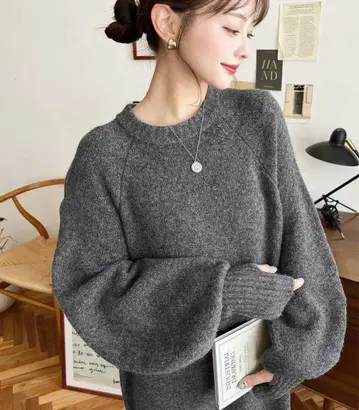 손가락 니트 볼륨 슬리브 믹스 니트 롱 원피스