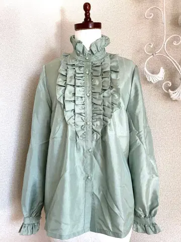 쇼와 레트로 엘레강트 프릴 블라우스 와카쿠사색 빈티지 레트로 걸리시